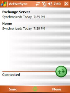 ActiveSync showing the successful synchronization with Exchange