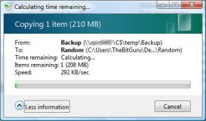 An example of the copy dialog showing that it is calculating the remaining time