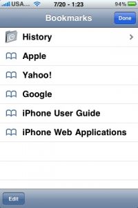 iPhone's browser bookmarks