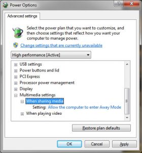 Power Options setup to allow "Away Mode." This will prevent your computer from going to sleep in some situations.