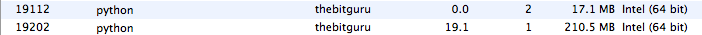 Activity monitor showing the constant ~210MB memory that the process now takes.