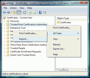 The import menu item in Certification Manager