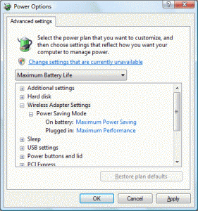 Power Options dialog showing the power plan