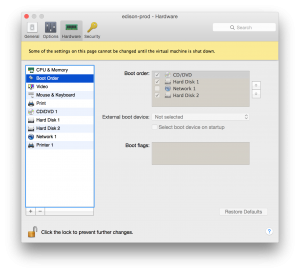 Screenshot of the VM config showing the boot order